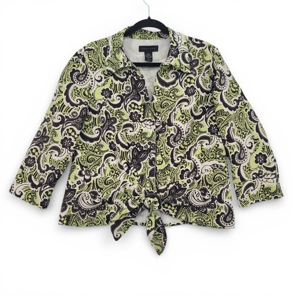 Y2K Green Black Paisley Tie Front Silk Blouse Boho Cottagecore Size 12